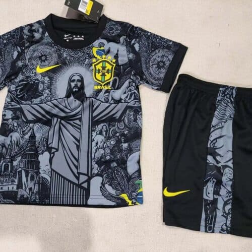 2024 Brazil Special Edition Jesus Black Gray Soccer Jersey Kids Size